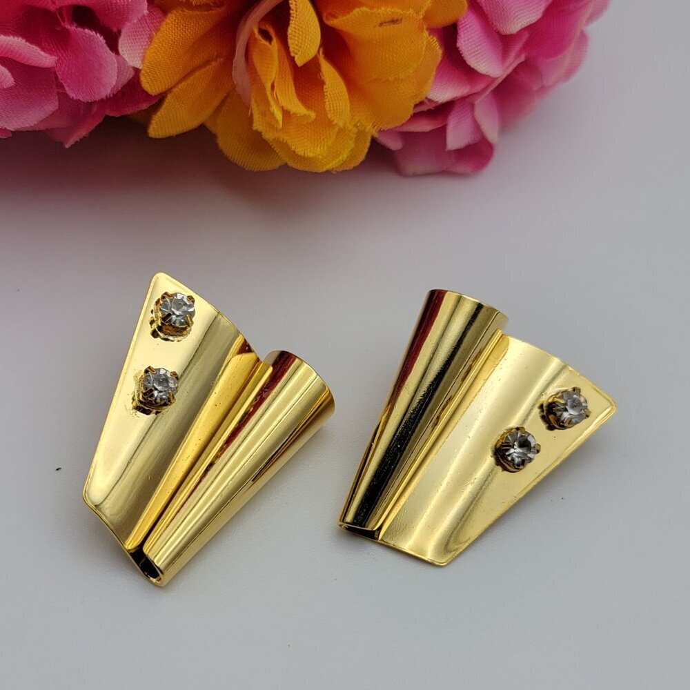 Modernist Clear Rhinestone Accent Gold Tone Statement Stud Earrings 1.25 in